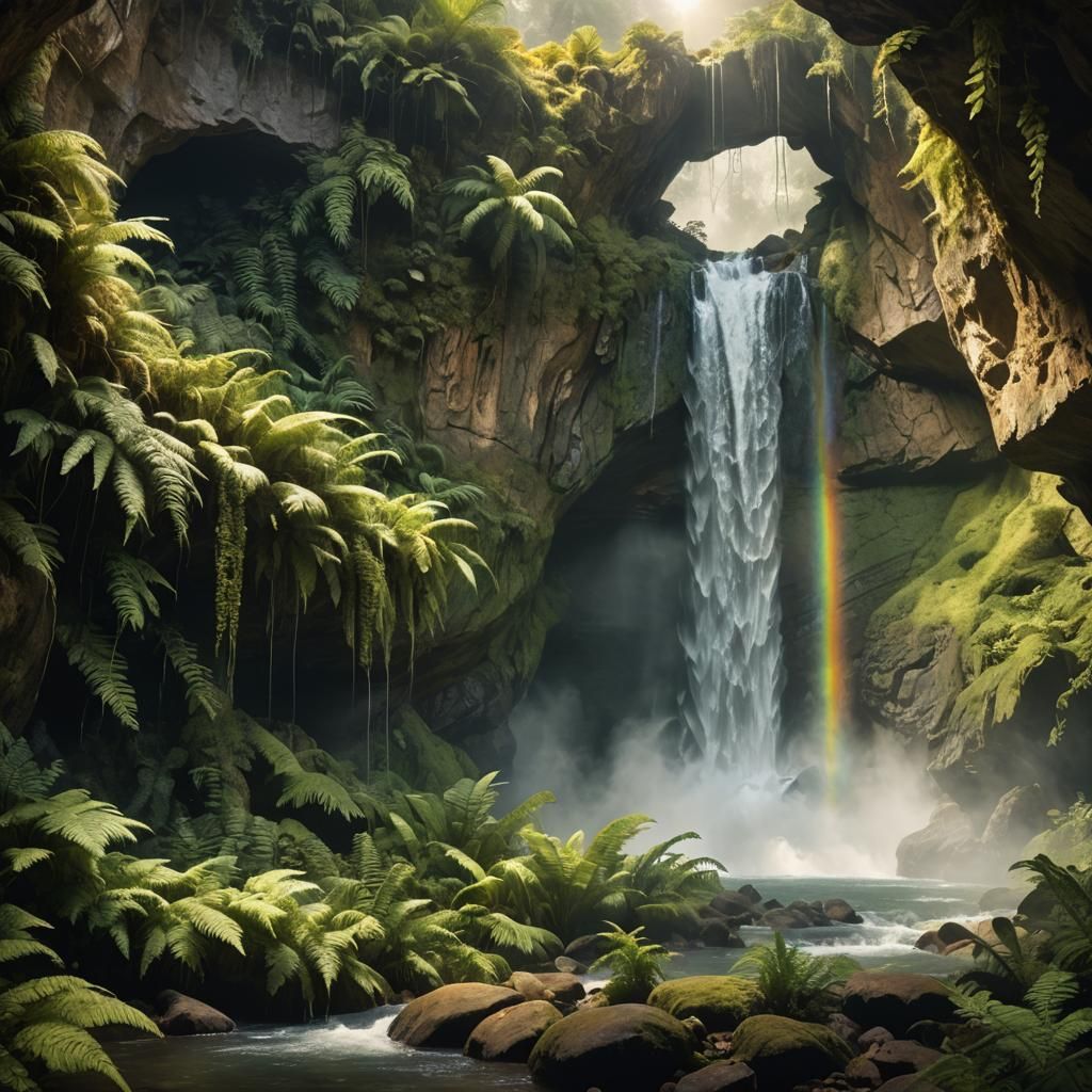 Mystical Waterfall Cave Entrance in Digital Matte Painting