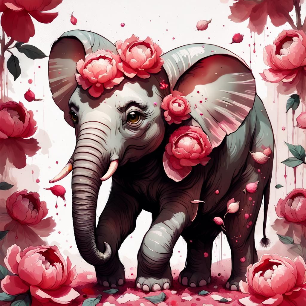 Chibi Elephant Adorned with Peonies in Hyperrealistic Style