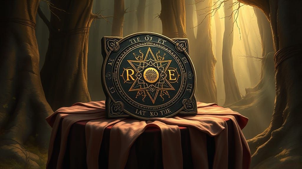 Mystical Talisman on Velvet Pedestal in Forest Glade