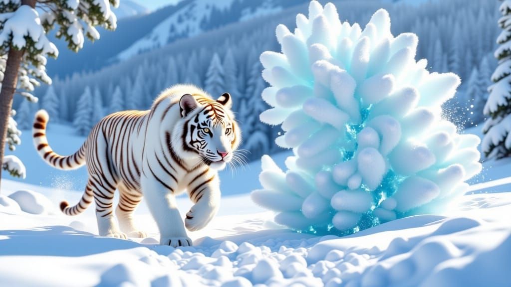 Majestic Snow Tiger Walks Past Ethereal Ice Sculpture