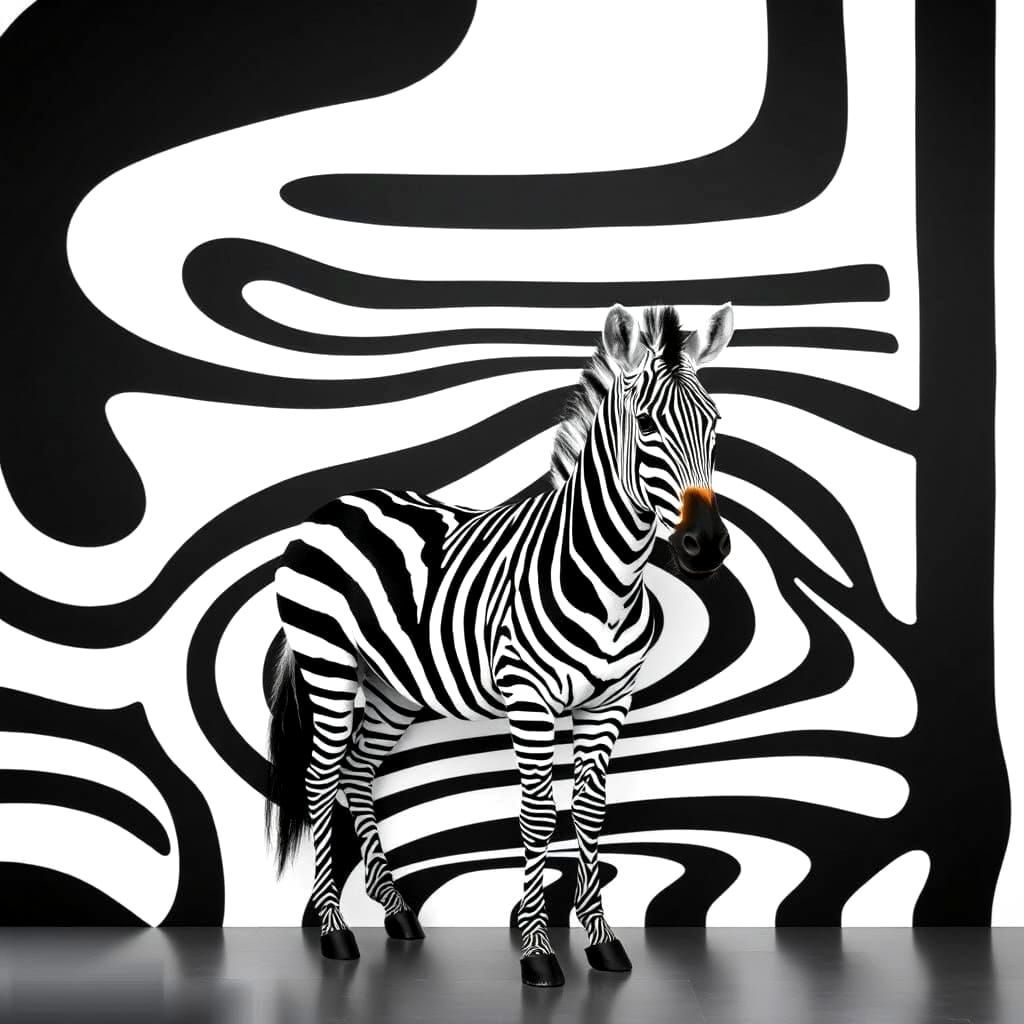 Zebra Against a Black and White Striped Wall