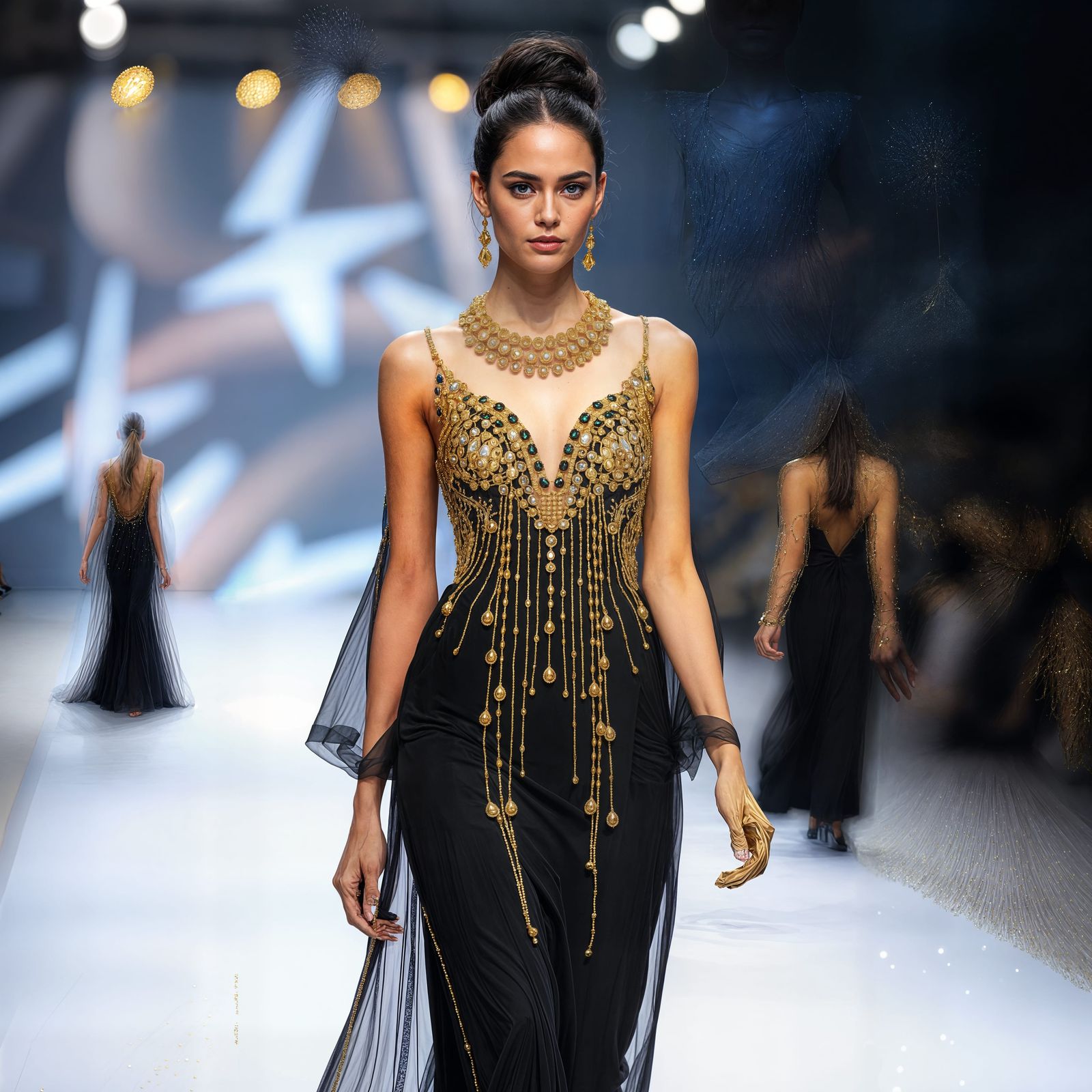 Model on Runway in Golden Bead Dress