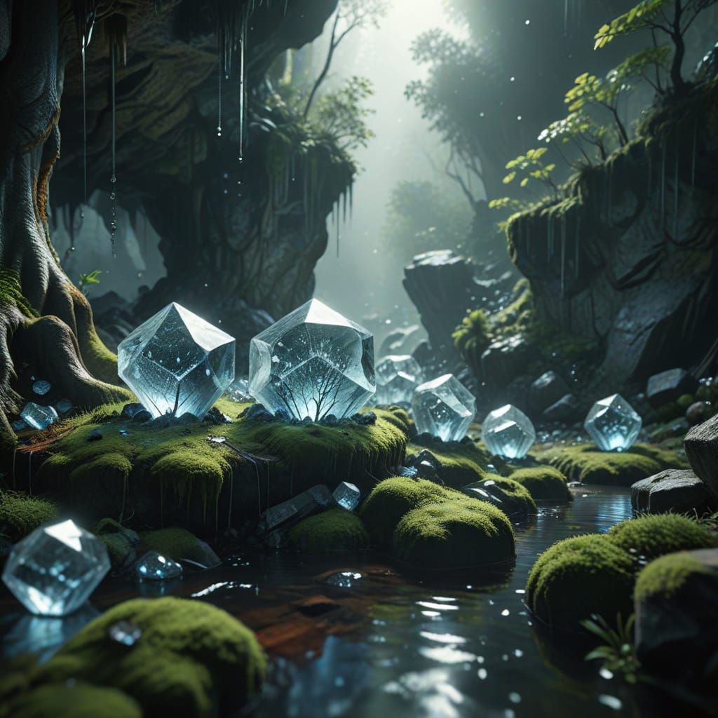 Glowing Crystal Cave in Misty Forest
