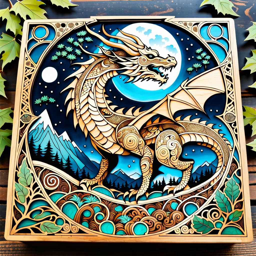 Intricate Wooden Dragon Puzzle Box with Zentangle Background