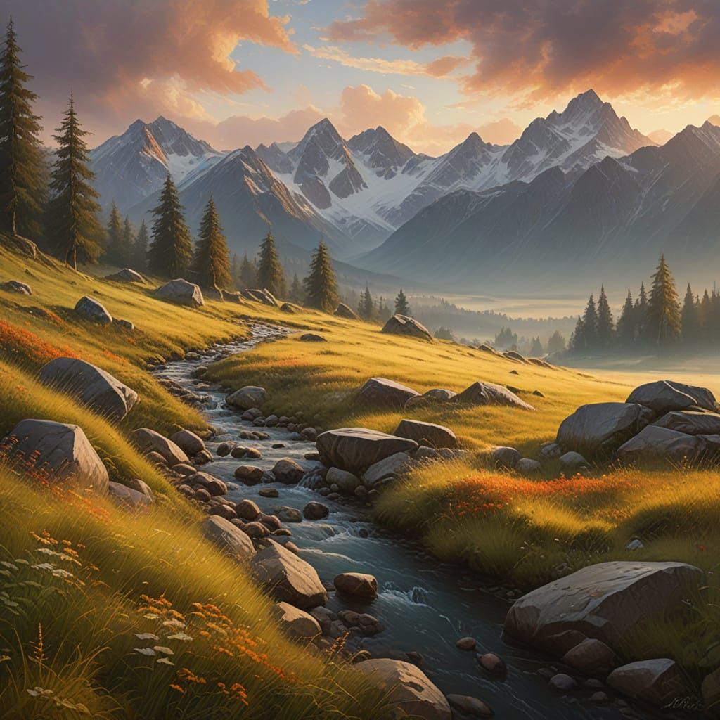 Tatra Mountains Dawn Landscape in Impressionist Oil Painting...