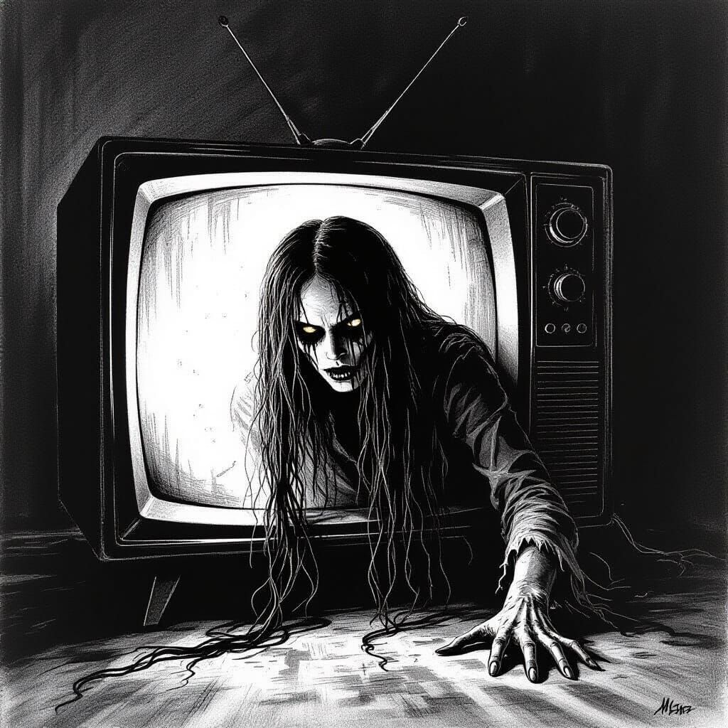 Terrifying Spectre Crawls from TV Screen in Charcoal