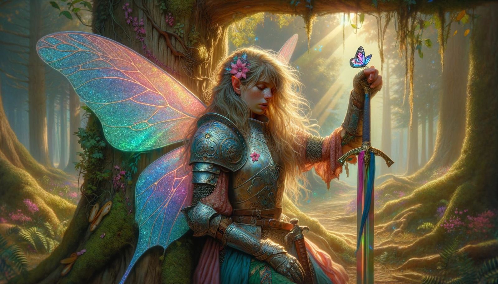 Fairy Paladin Resting in Forest: A Hyper-Realistic Digital I...