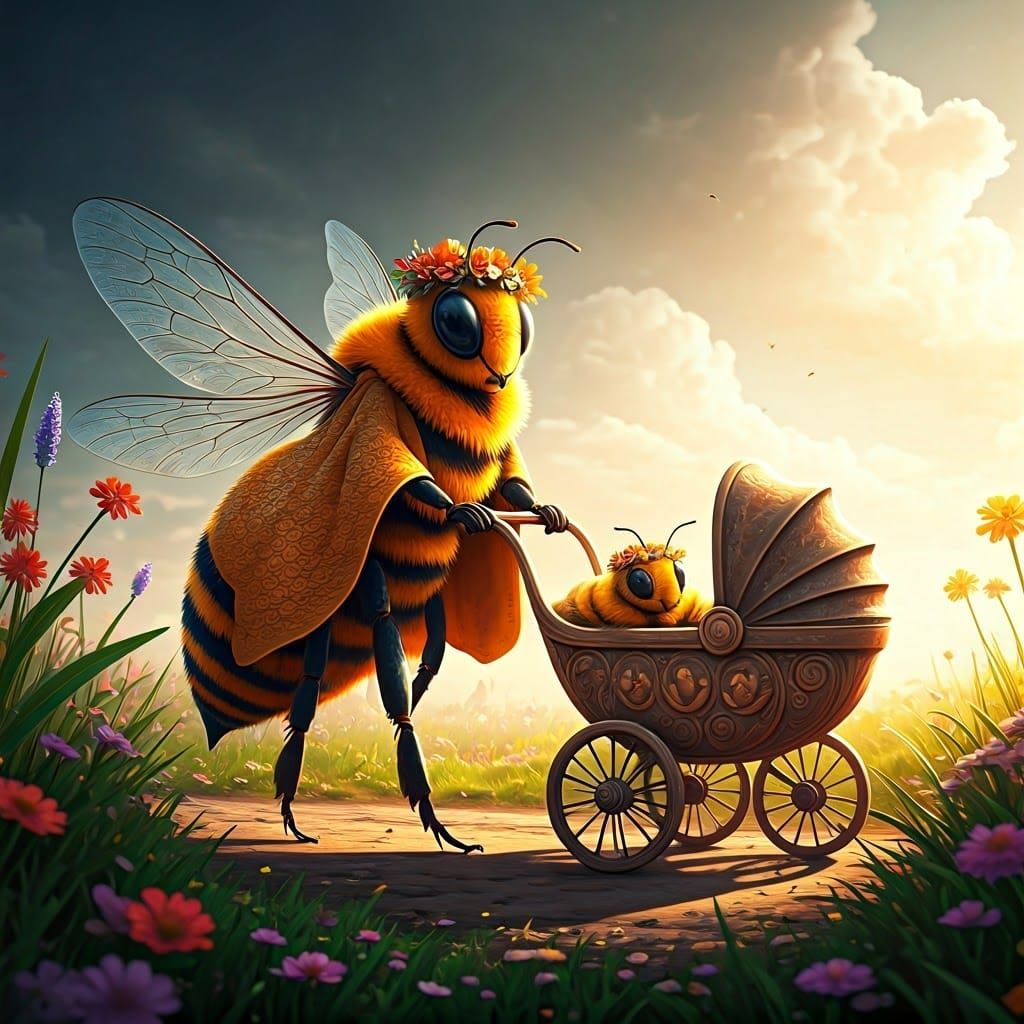 Bee Mother Takes a Leisurely Stroll with Baby in Fantasy Lan...