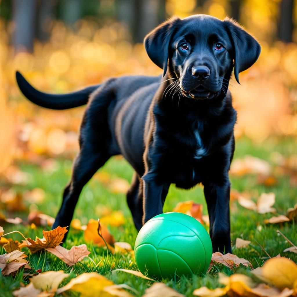 Black Lab Puppy Plays in Autumn Yard