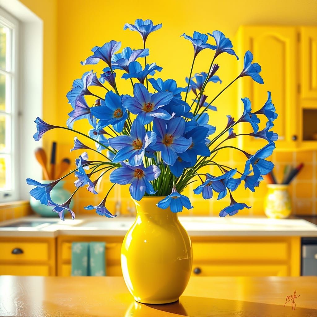 Whimsical Still Life in Vibrant Neon Blue and Sunny Yellow
