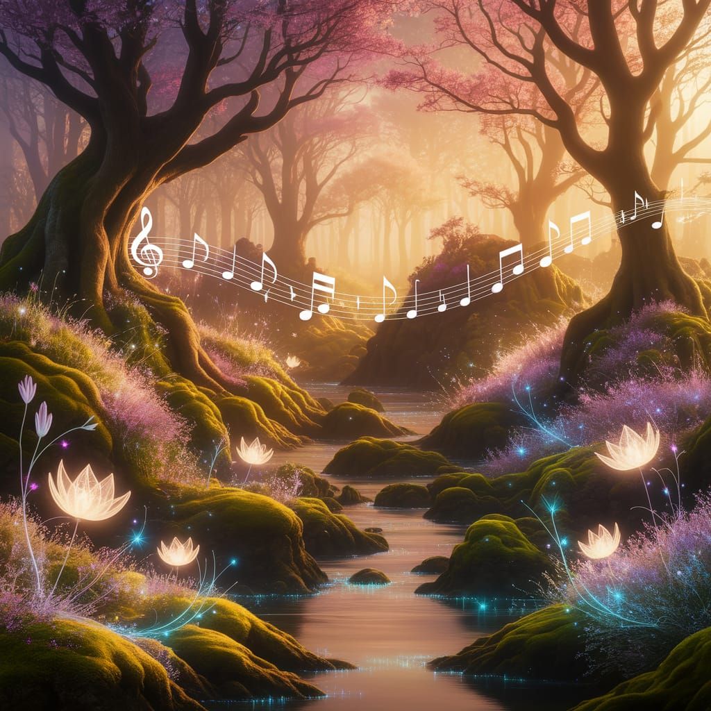 Enchanted Forest Sunlight with Glowing Lights and Magical Fl...