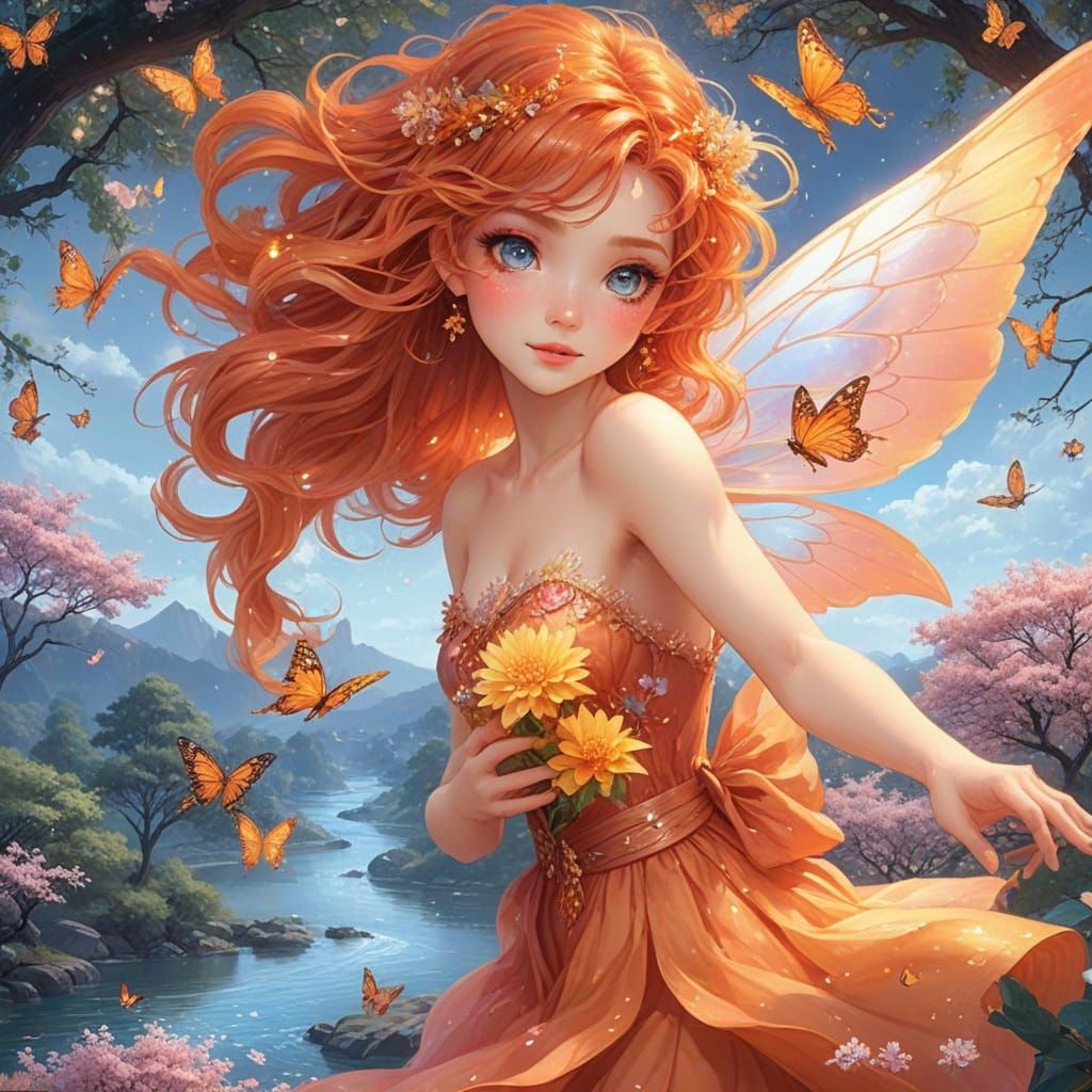 Whimsical Fire Fairy in a Dreamy Landscape
