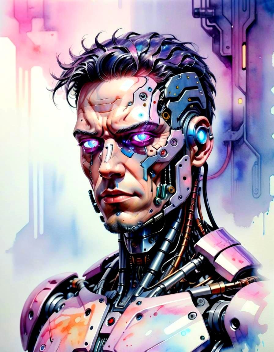 Cyborg Model in Cyberpunk Watercolor Style
