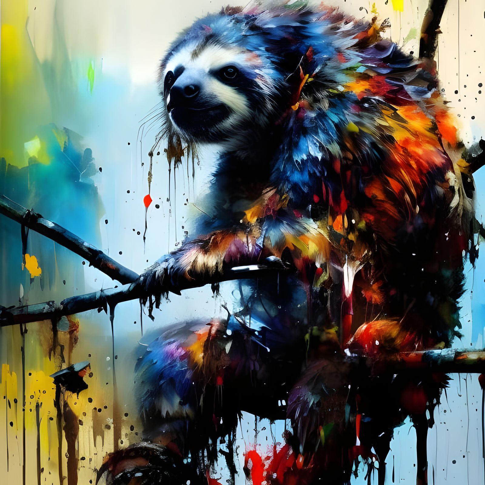 Colorful Sloth Ink Splash Art on Branch