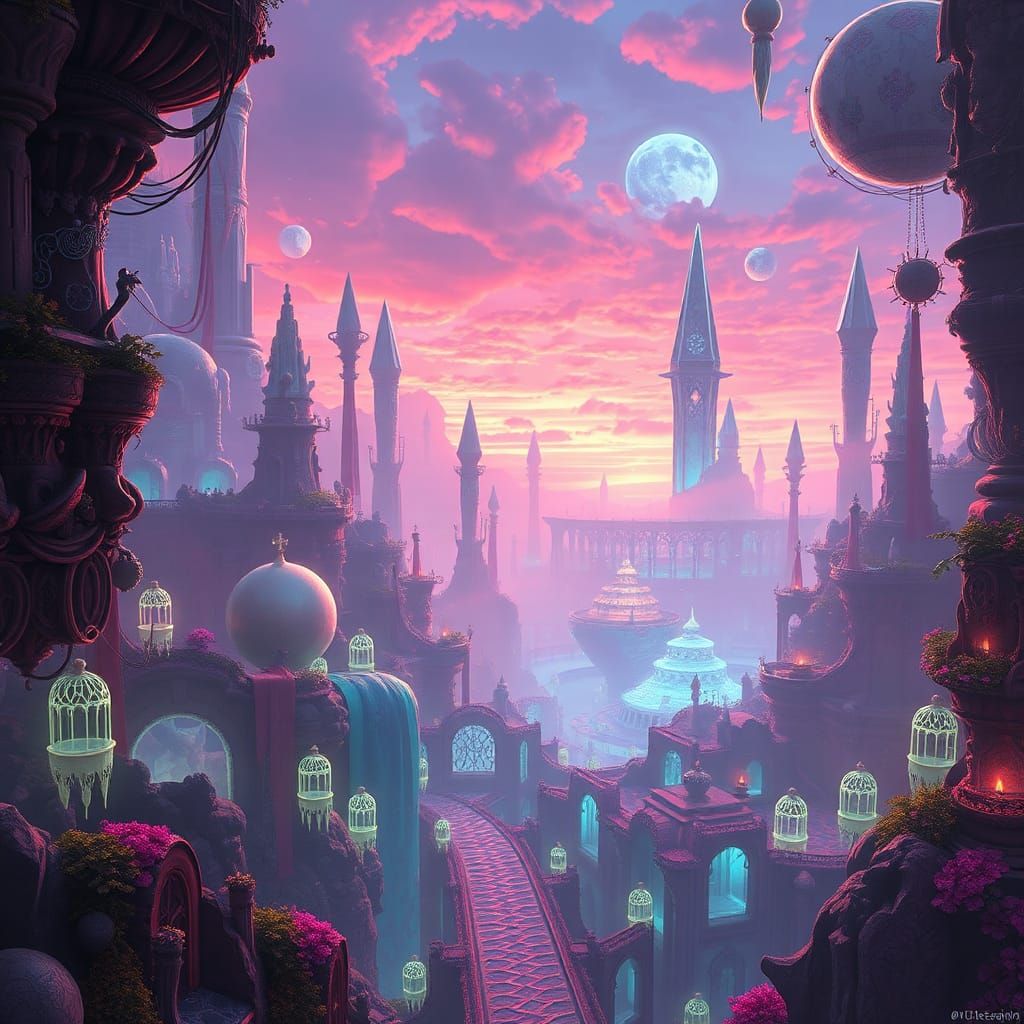 Vibrant Fantasy Realm in a Futuristic Style