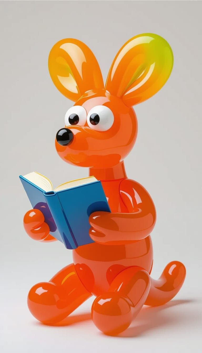 Anxious Balloon Animal Reads Book in Orange Glow