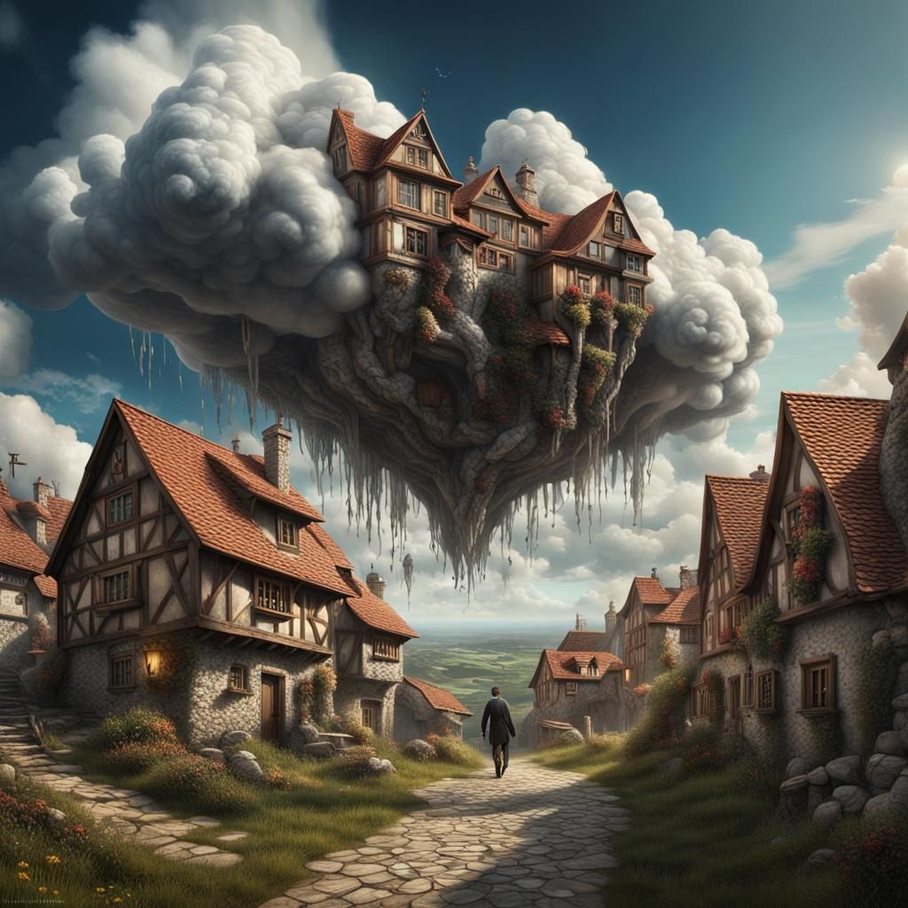 Man Floats Above Tiny Village, Surreal Art