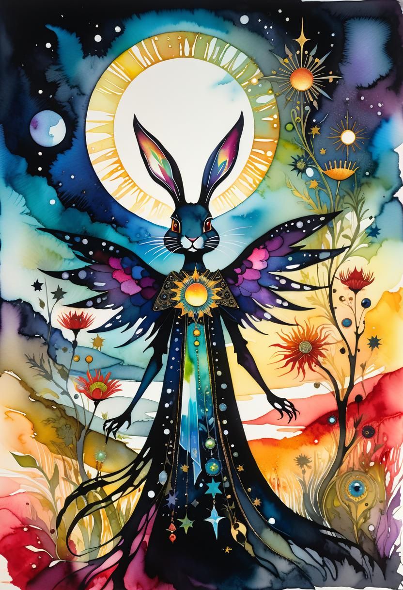 Bunny Angel in Iridescent Cosmos, Watercolor Style