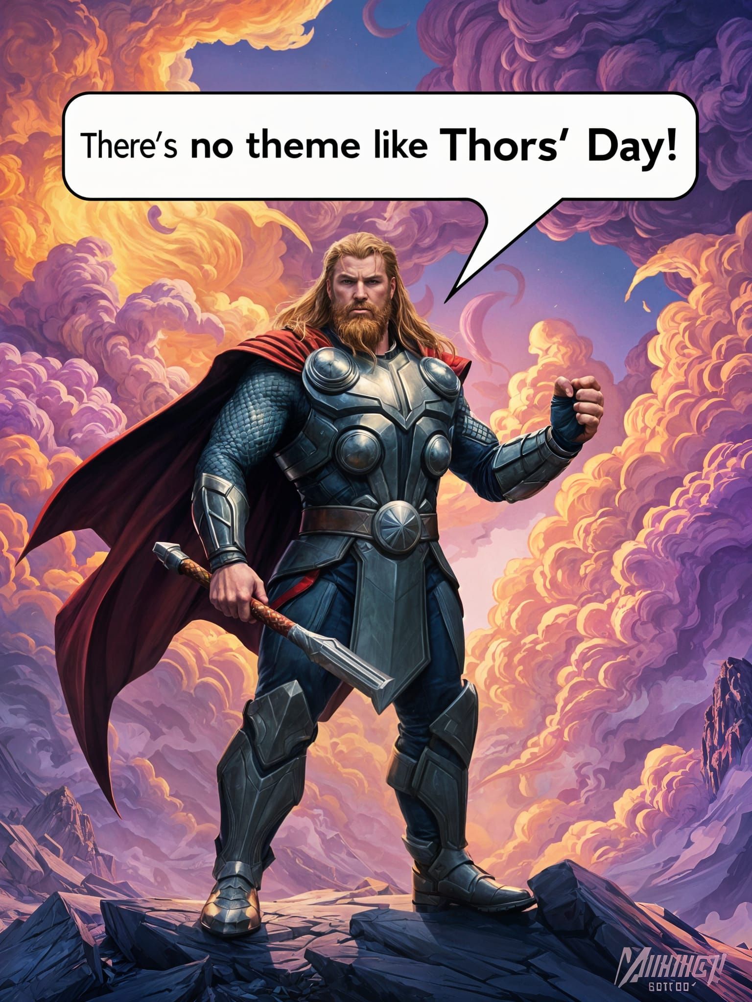 Thor Celebrates in Vibrant, Surreal Asgardian Landscape