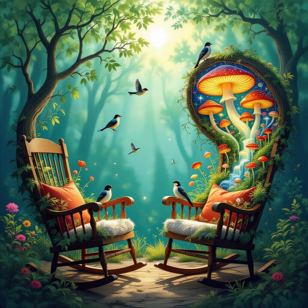 Dreamlike Rocking Chairs Entwined in Surreal Landscape