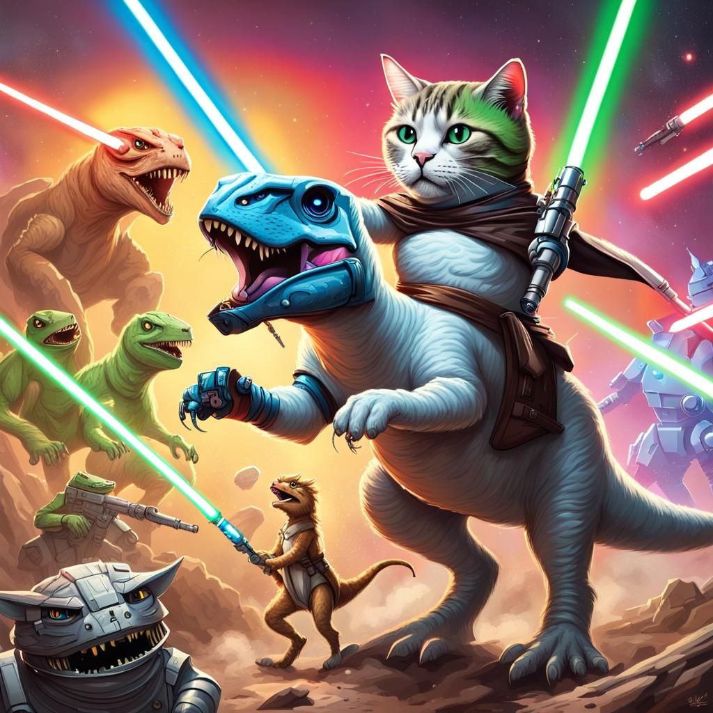 Jedi Cat Rides T-Rex in Epic Battle