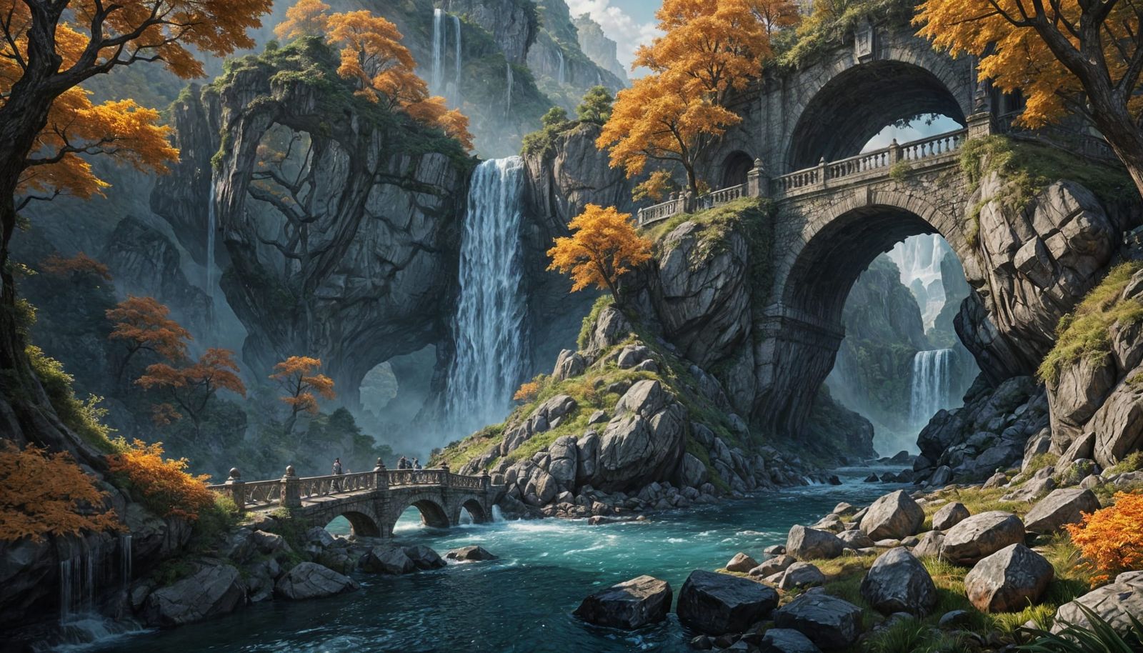 Fantastical Stone Bridge Over Wooded Gorge: Detailed Matte P...