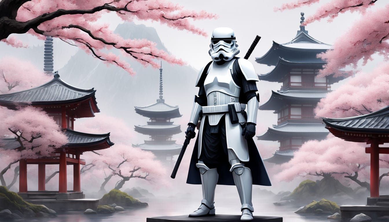 Samurai Stormtrooper in Serene Japanese Garden