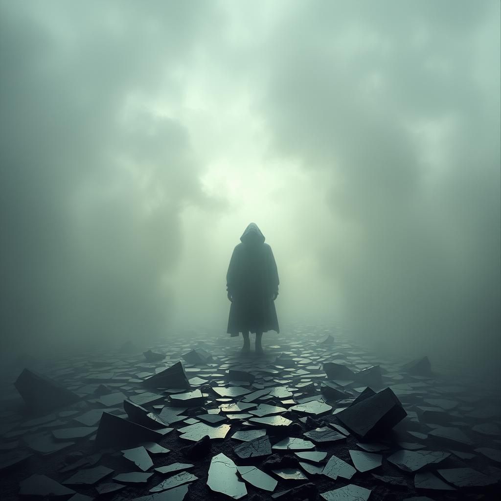 Ethereal Figure in Mist with Mirror Shards