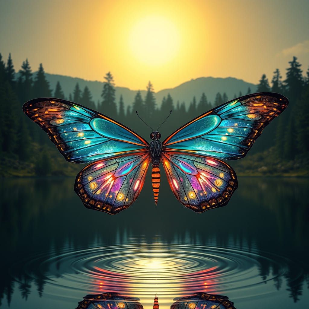 Majestic Iridescent Butterfly in Vibrant Dreamlike Landscape