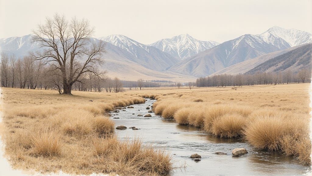 Rural Landscape in Muted Watercolor and Ink