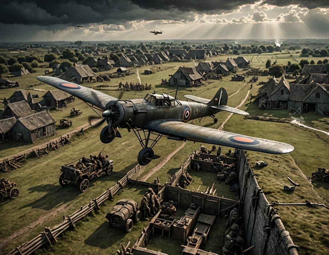 World War 1 Biplane Over Trenches in HDR