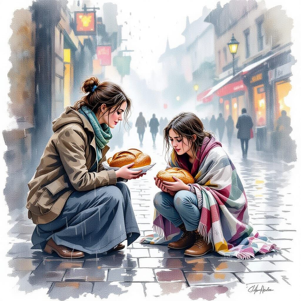 Kind Baker Offers Bread to Shivering Woman in Watercolour
