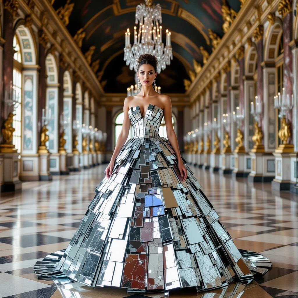 A woman wearing a dress made out of shattered mirrors standing in the Hall of Mirrors at Versailles