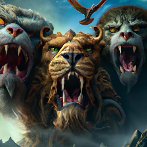 Three-Headed Mythical Beast in Detailed Digital Painting