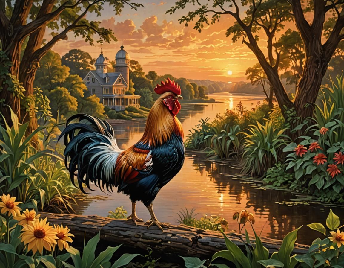 Rooster in Mythical Landscape at Sunset