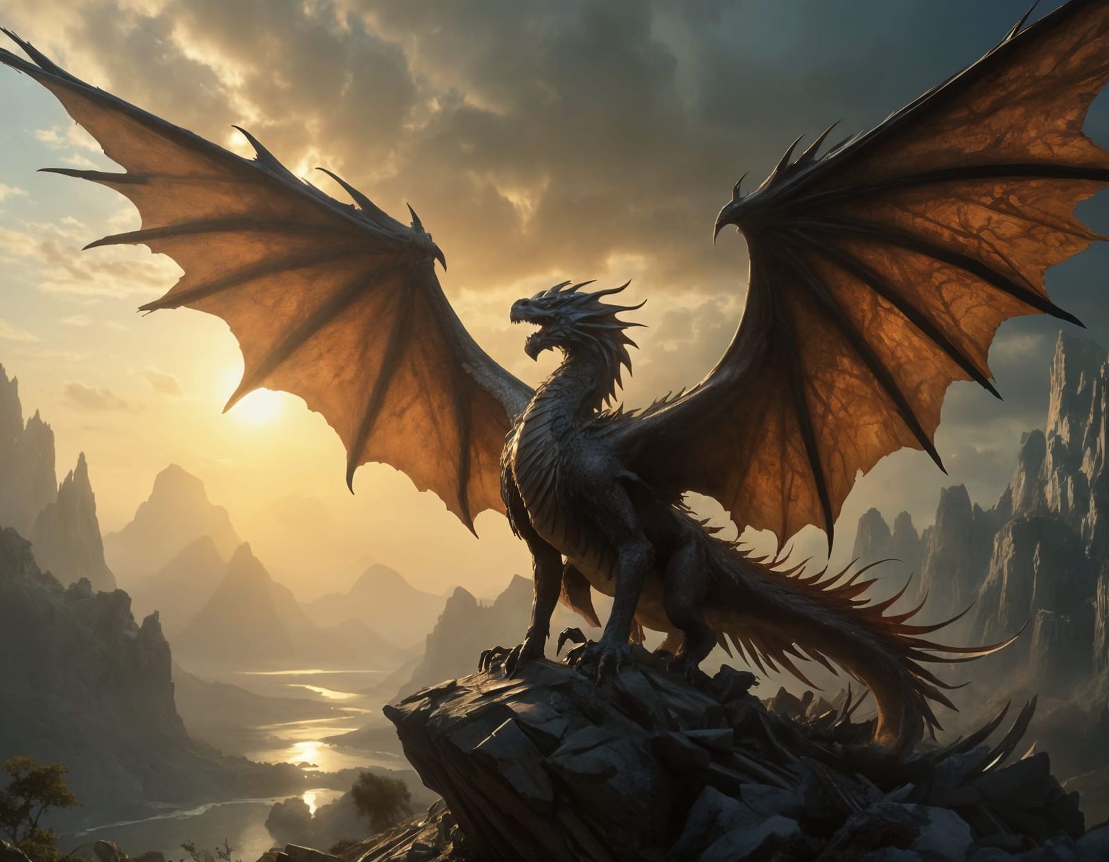 Majestic Six-Winged Dragon in Epic Landscape