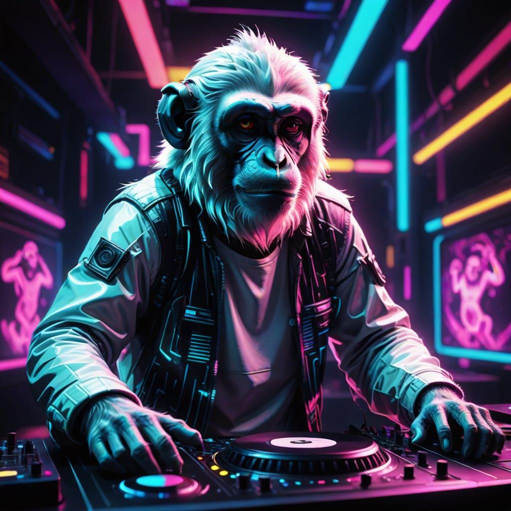 Vibrant White Monkey DJ in Neon Nightclub Scene