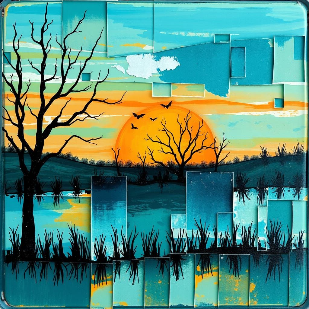 Surreal Cubist Sunset in Aqua and Turquoise