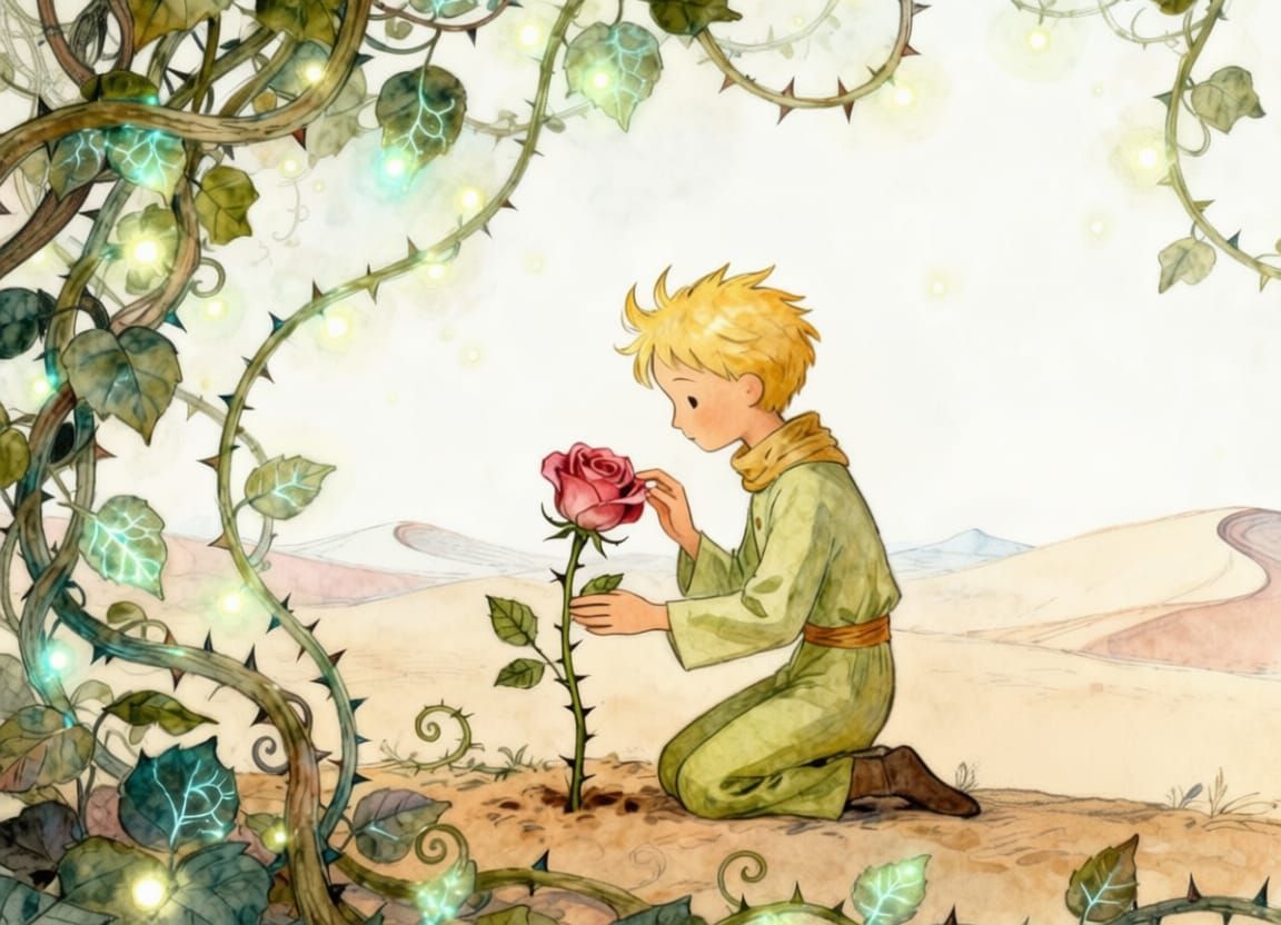 The Little Prince and Rose, Intricately Detailed Illustratio...