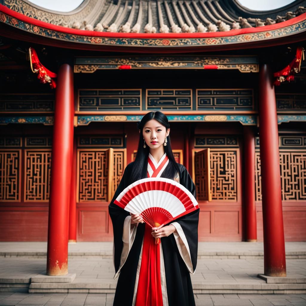 Elegant Woman in Hanfu Dress at Chinese Palace