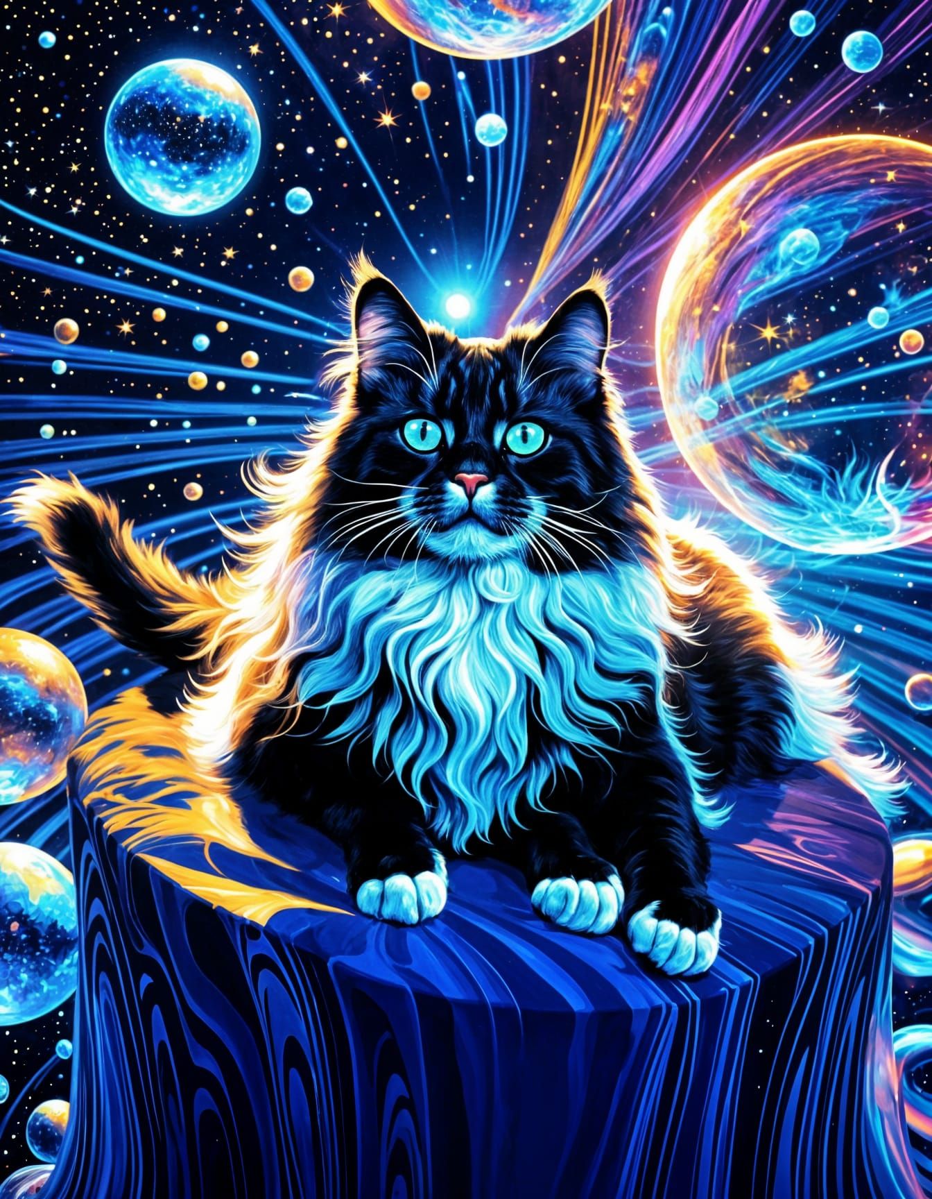 Holographic Astral Cat Illustration in Black and White
