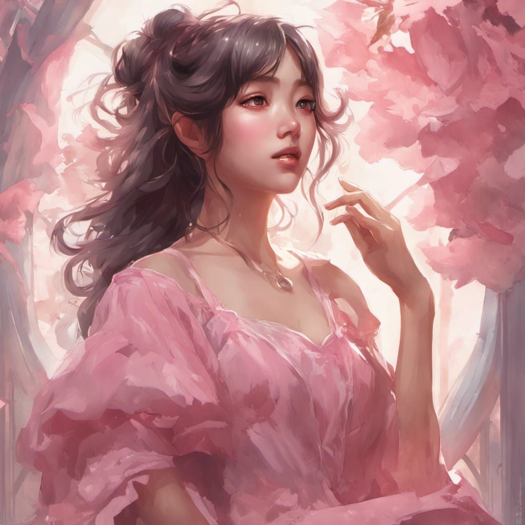 Wonyoung Portrait in Pink Dress, Detailed Digital Art