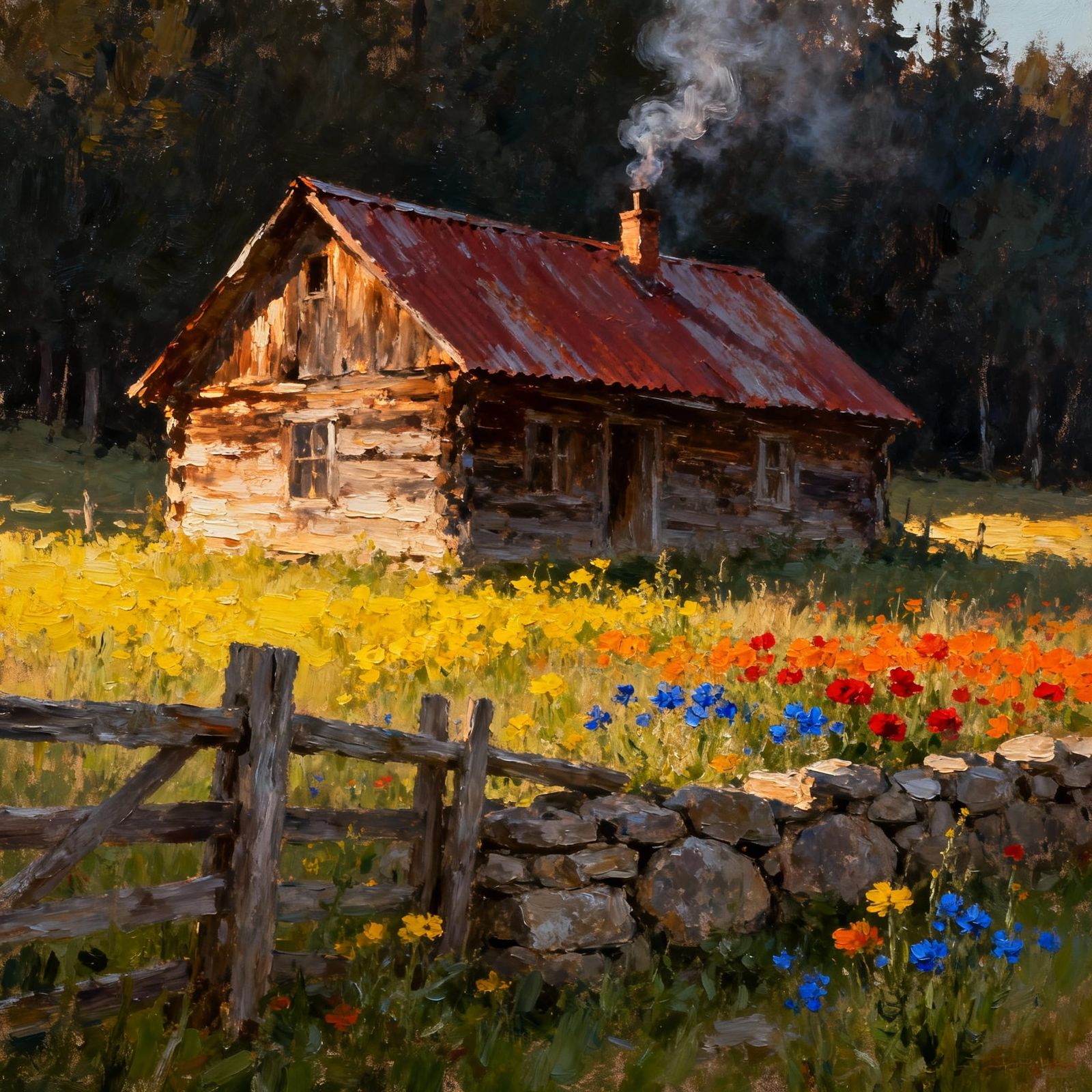 Rustic Aged Wooden House in Sunlit Meadow Oil Painting