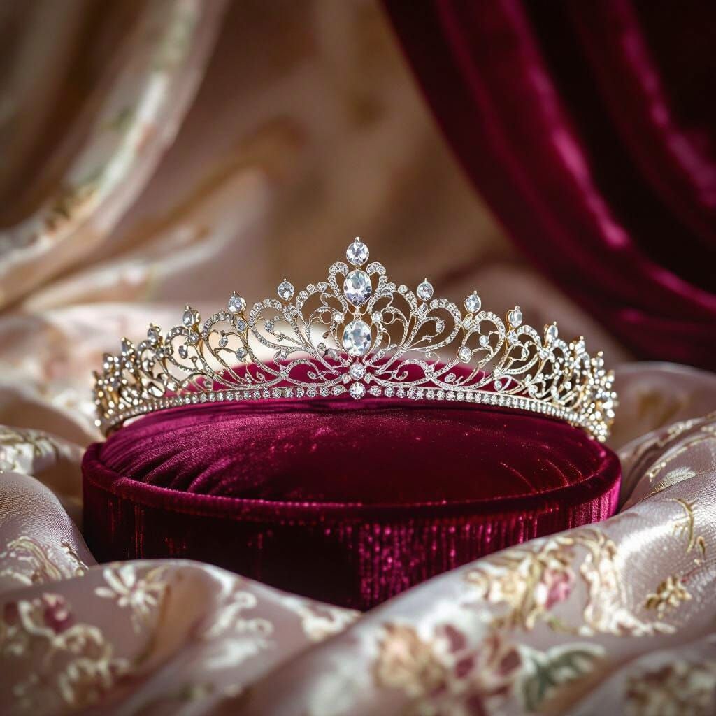 Diamond Tiara on Velvet Cushion in Pre-Raphaelite Style