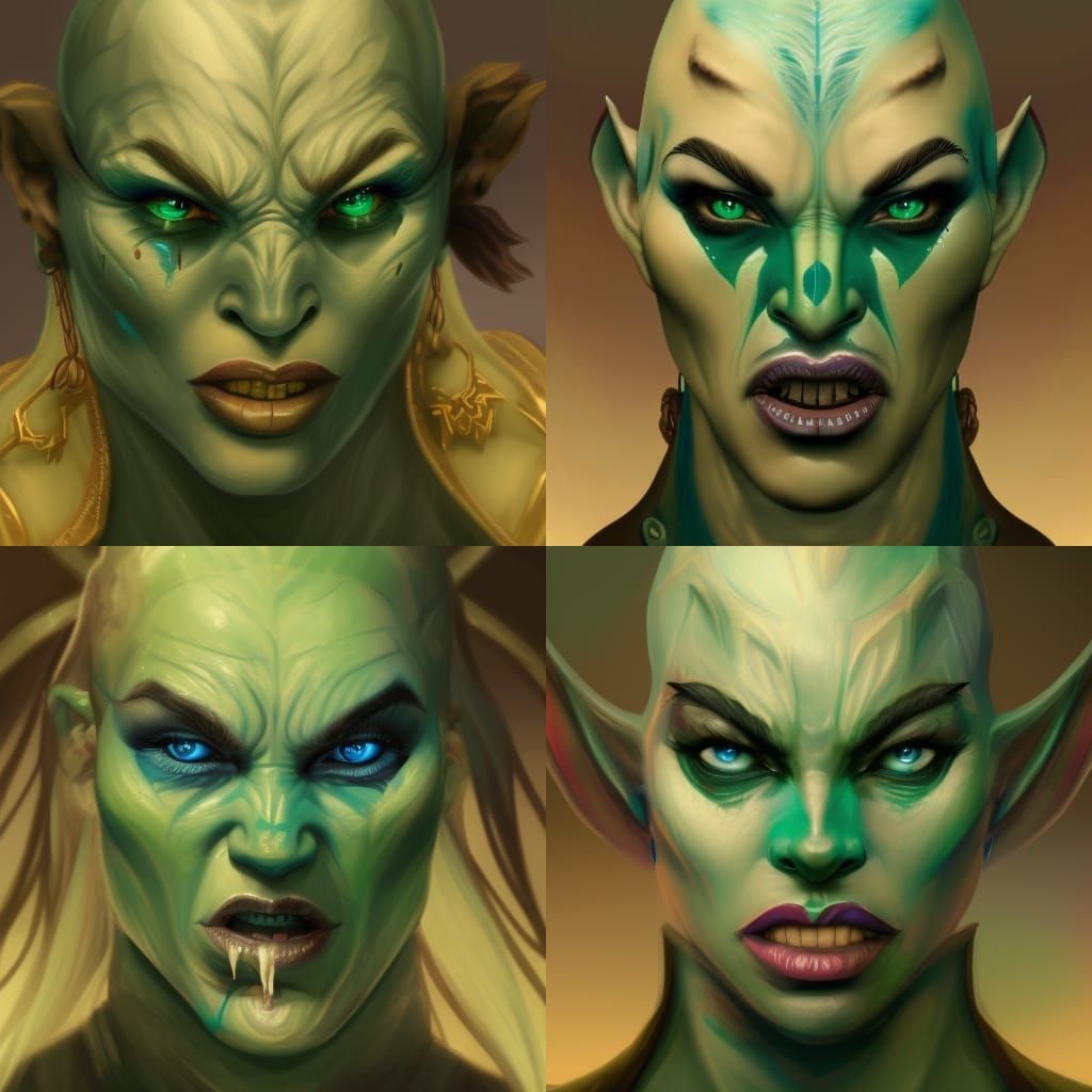 Detailed Half-Orc Woman Portrait in Emerald and Blue