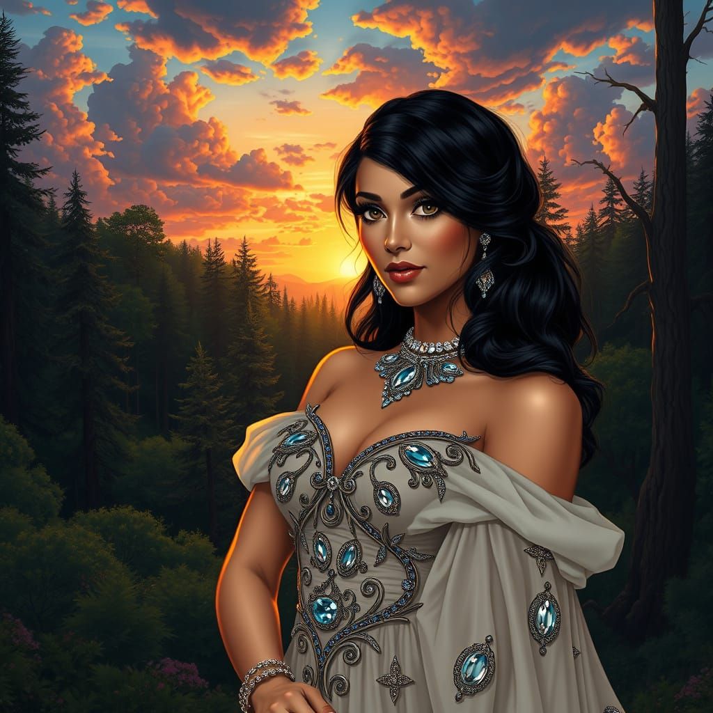 Elegant Woman in Forest, Art Nouveau Style