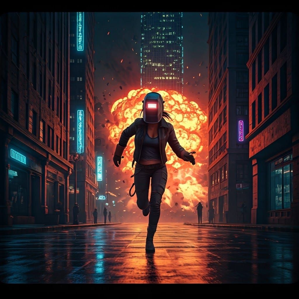 Dystopian Runner in Neon Cityscape
