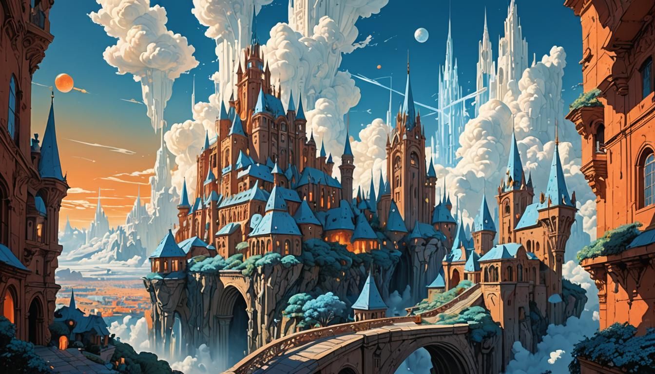 Heavenly Town Floating in Sky, Surreal Matte Painting