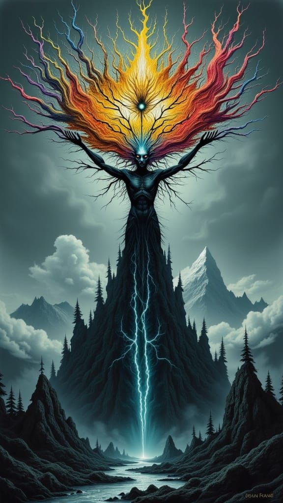 Fractal-Faced Man Summons Lightning on Misty Peak