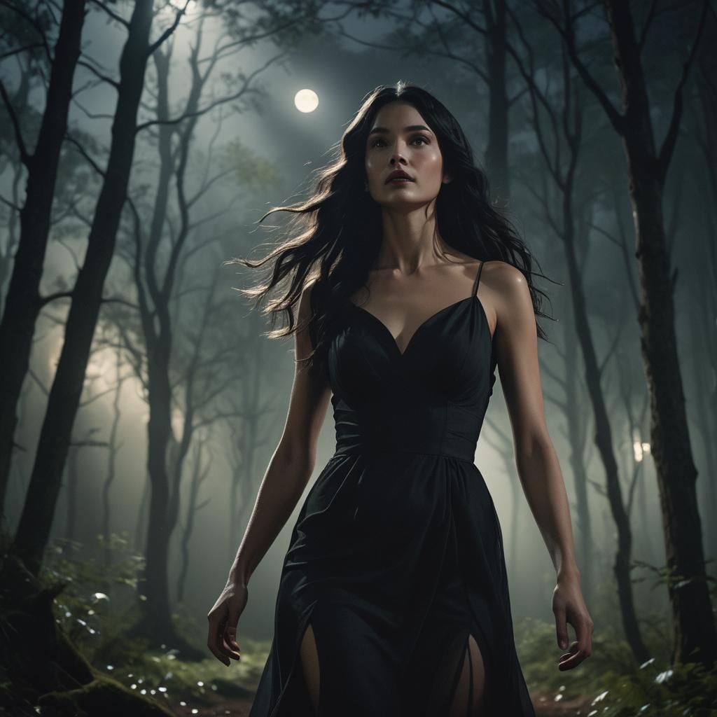 Enchanting Woman in Moonlit Forest, Cinematic Film Still